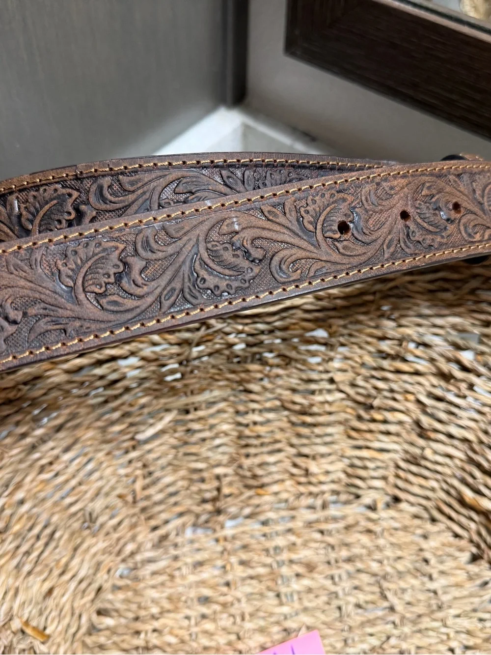 AndWest Men's Western Leather Belt Size 40 Tooled Bronc Rider Buckle BLT214-26
